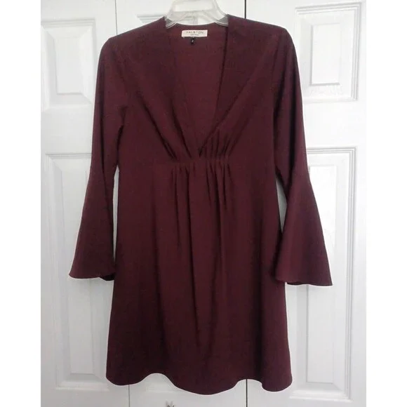Halston Heritage Dresses | Halston Women's Low V Neck Long Sleeve Mini Tunic Dress Maroon Size 2 | Color: Red | Size: 2 | Goldsunset's Closet
